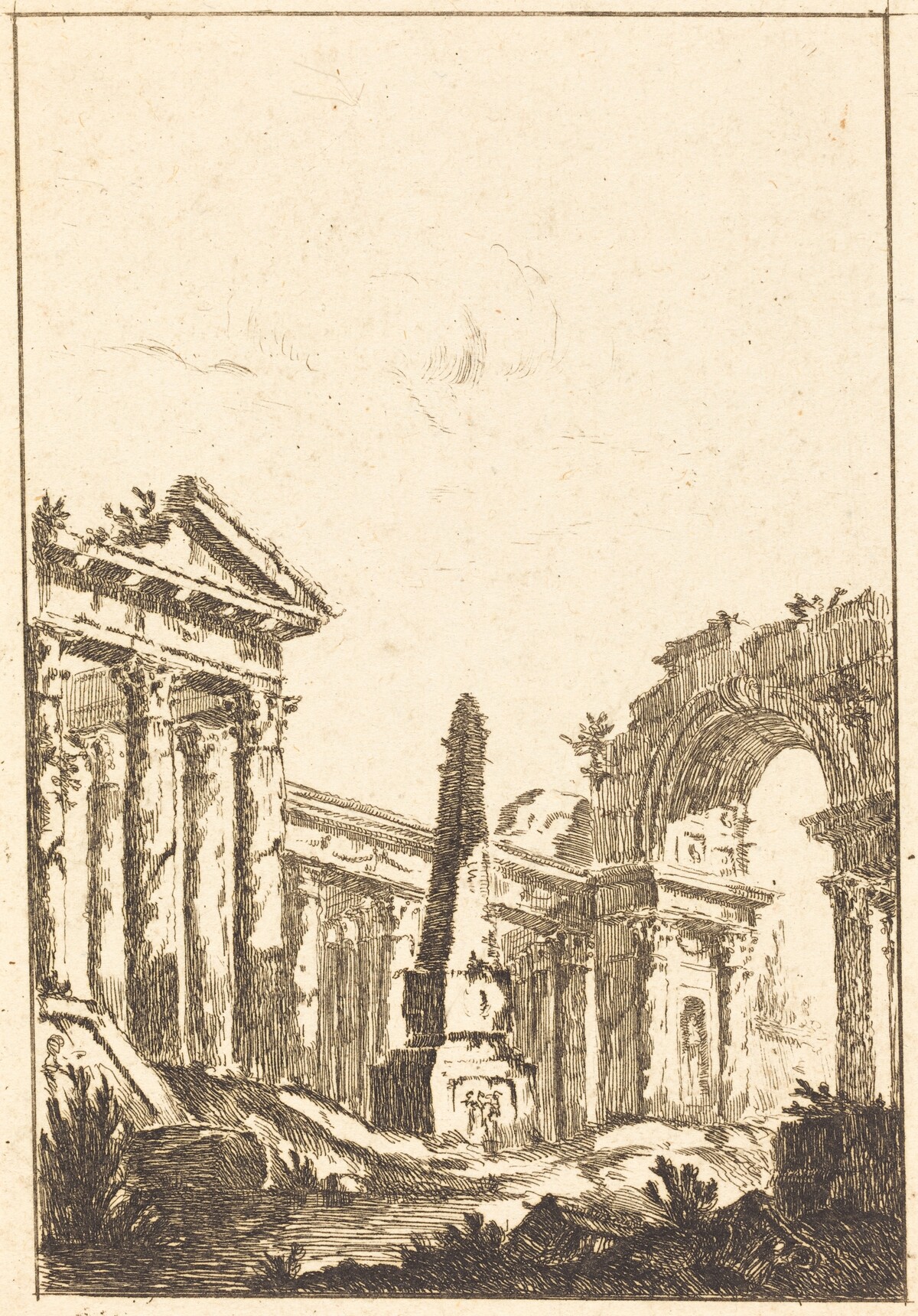 Capriccio with Ruins and an Obelisk by attributed to Jérôme Charles Bellicard