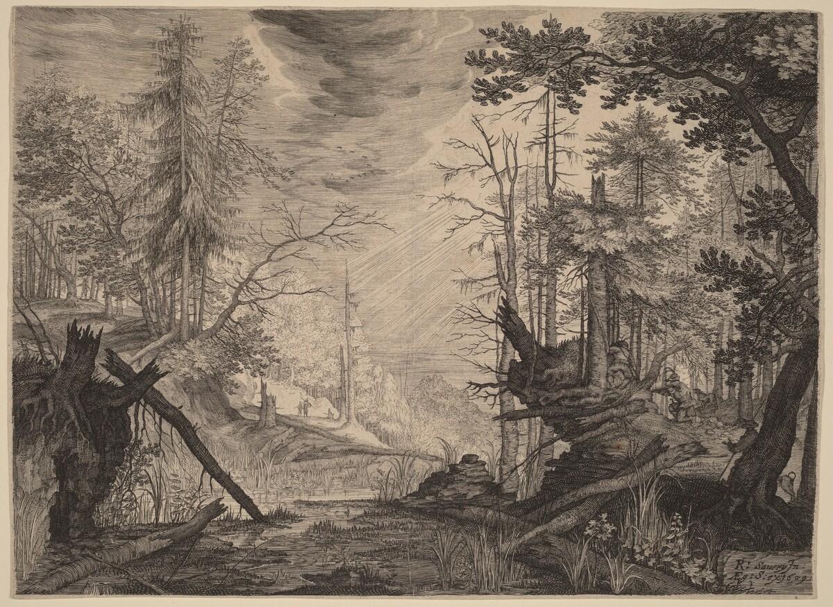 Three Hunters and Two Dogs near a Pool by Aegidius Sadeler II after Roelandt Savery