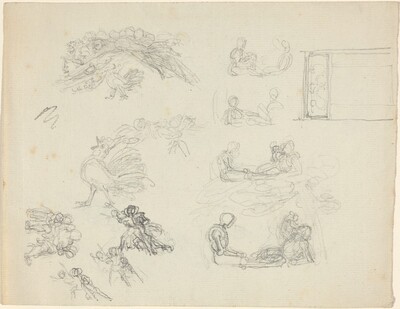 Studies of Crowing Rooster and Reclining Figures [recto and verso]