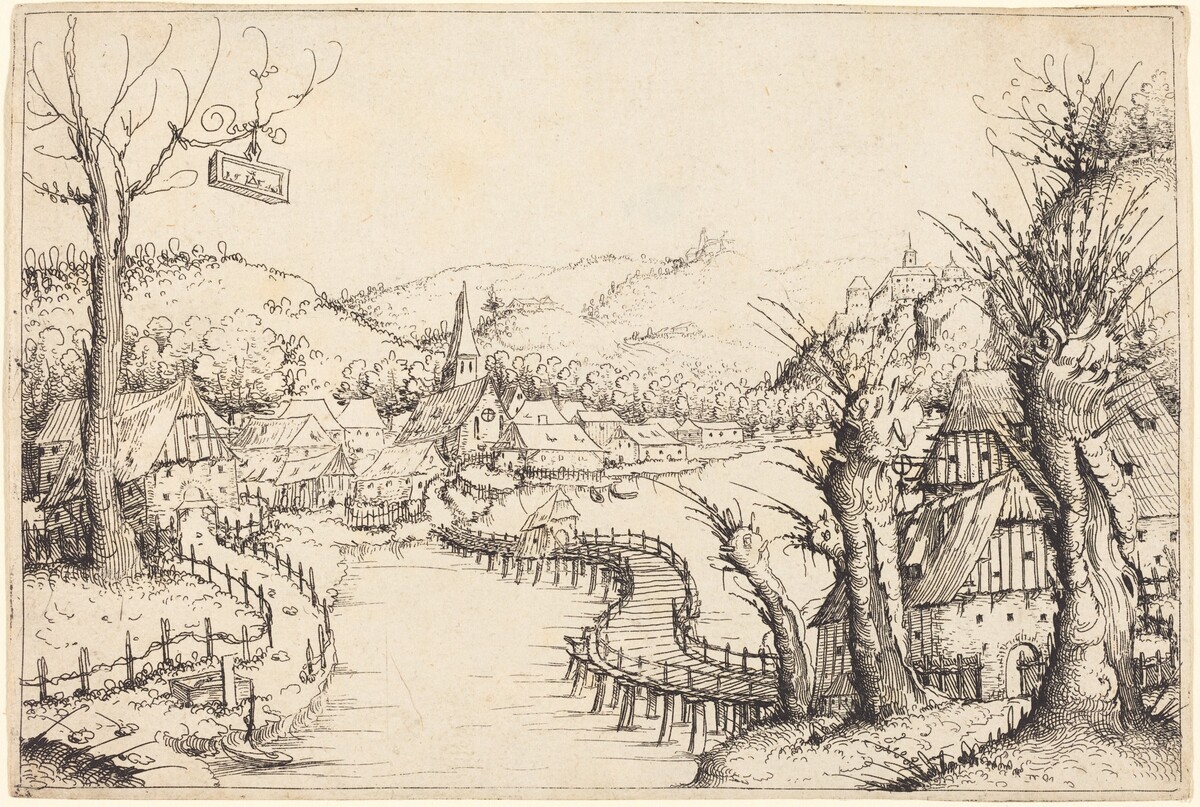 River Landscape with Wooden Bridge by Augustin Hirschvogel