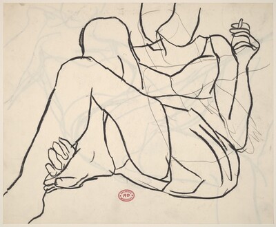 Untitled [woman reclining in a dress with hand to mouth]