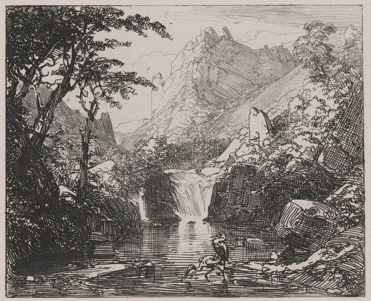 Mountain View with Waterfall and Water Birds by Caspar Johann Nepomuk Scheuren