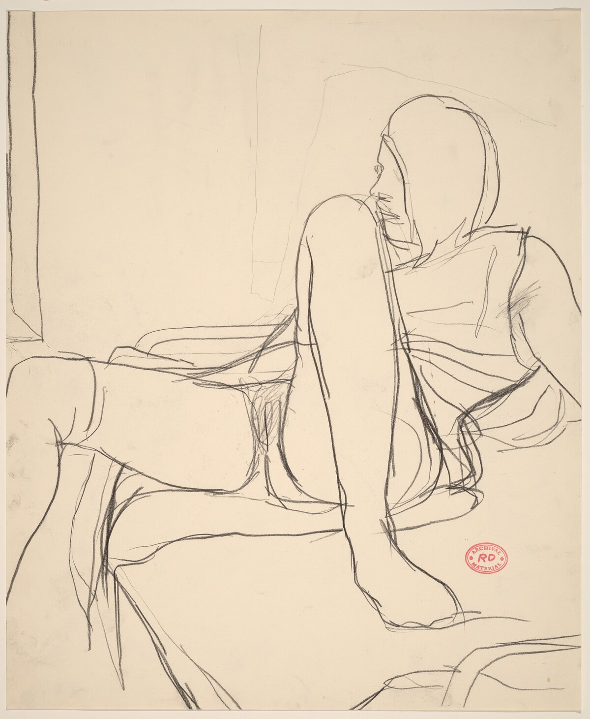 Untitled [female nude on lying back on bed with dress open] by Richard Diebenkorn