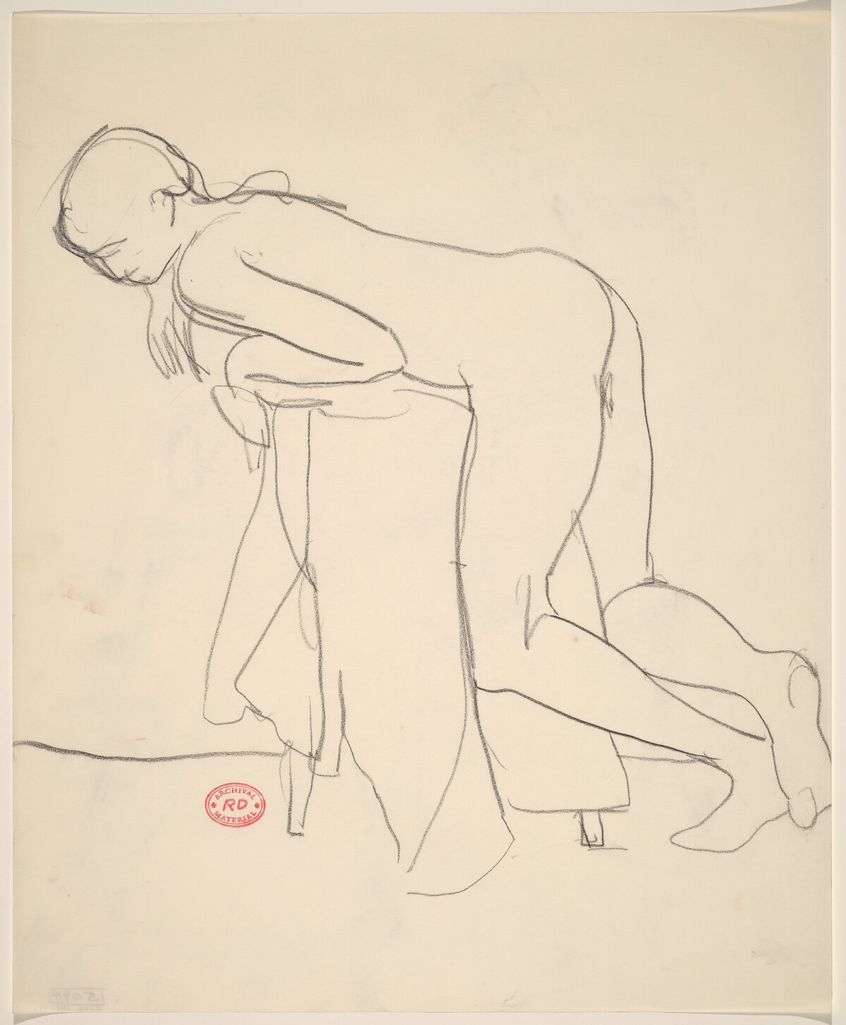 Untitled [female nude leaning over a draped stool] by Richard Diebenkorn