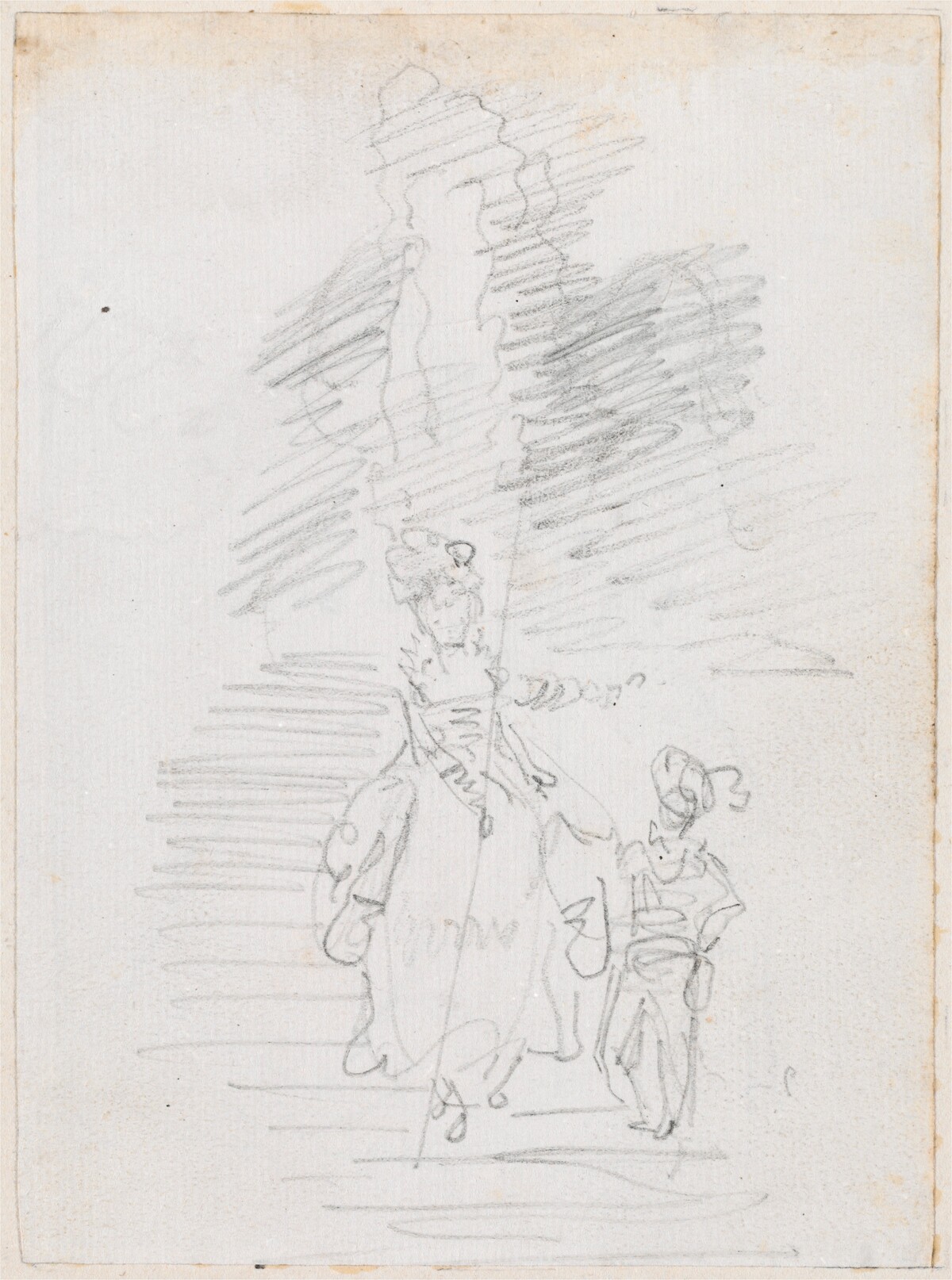 Woman and Smaller Male Figure on Grand Stairway [recto] by Hubert Robert