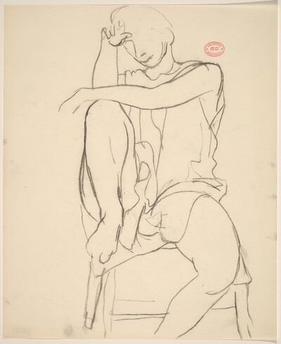 Untitled [draped model seated with right foot in chair seat]