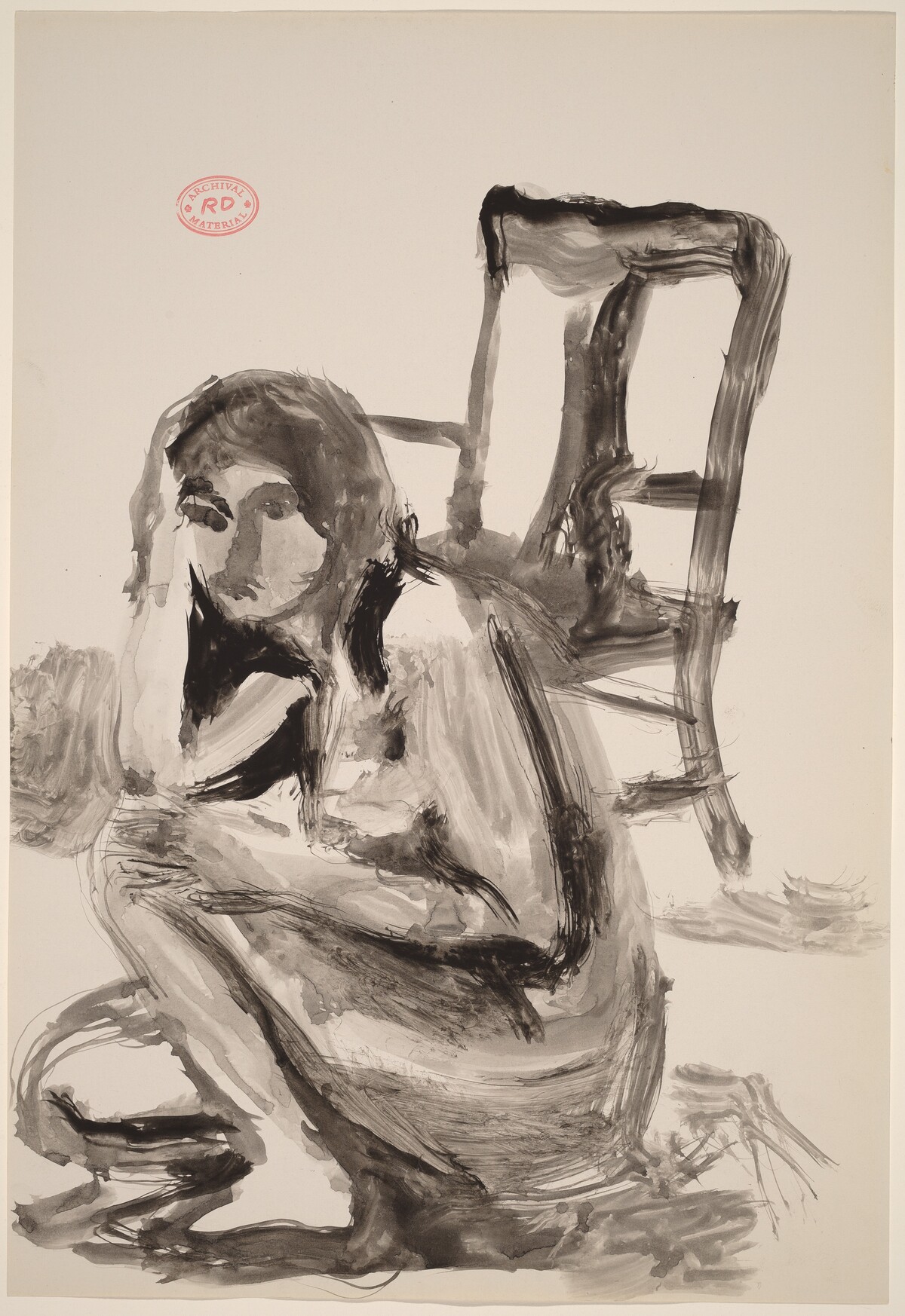 Untitled [female nude crouching in front of a chair] by Richard Diebenkorn