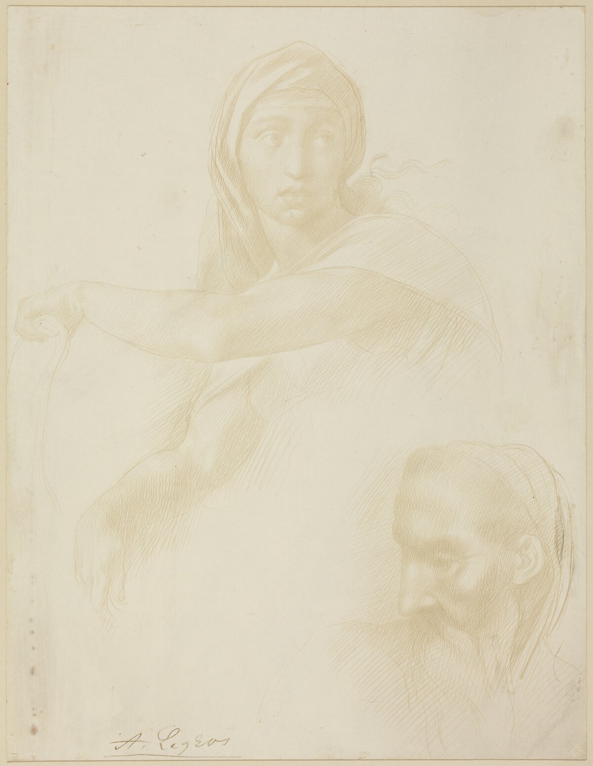 Study of Delphic Sibyl; Head of a Man by Alphonse Legros after Michelangelo