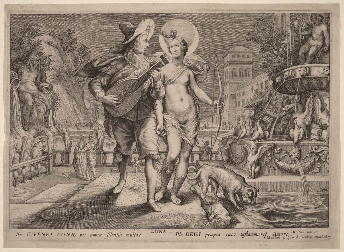 Diana as Luna Accompanying a Young Man Serenading by Jacob Matham, after Hendrik Goltzius