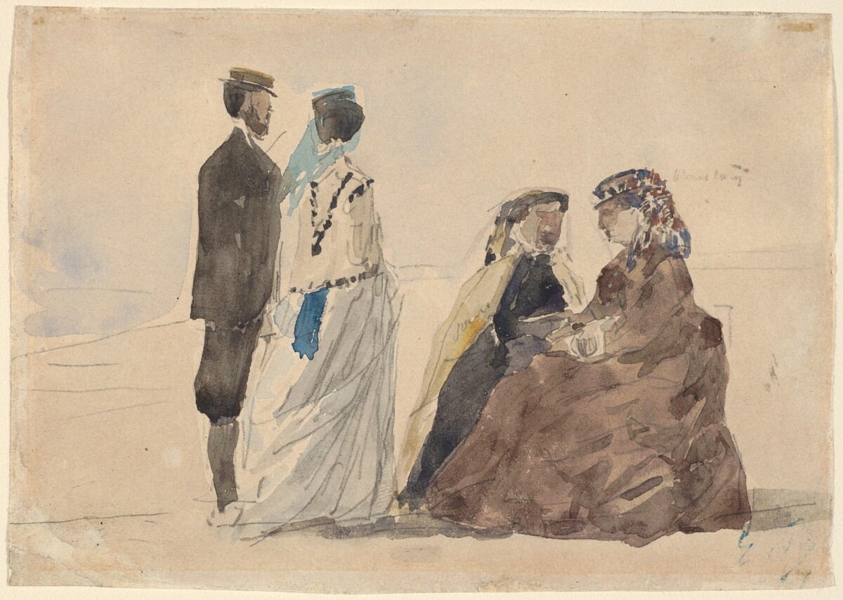 Two Ladies Seated and a Couple Walking on the Beach by Eugène Boudin