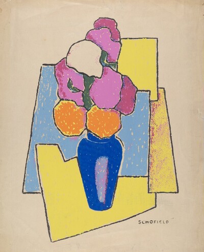 Untitled (Zinnias in a Blue Vase)