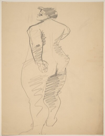 Rear View of Standing Female Nude, Right Arm Bent, Looking Left