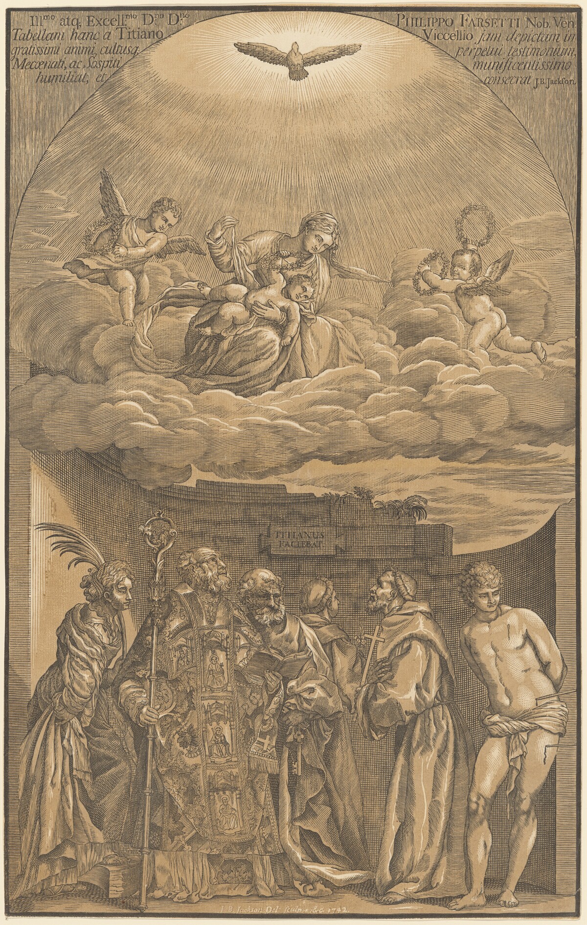 The Virgin and Child in the Clouds with Six Saints by John Baptist Jackson, after Titian