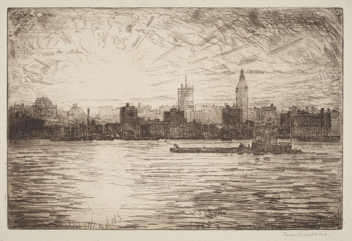 East River Sunset - Building the Empire  State Tower by Edward Shepard Hewitt