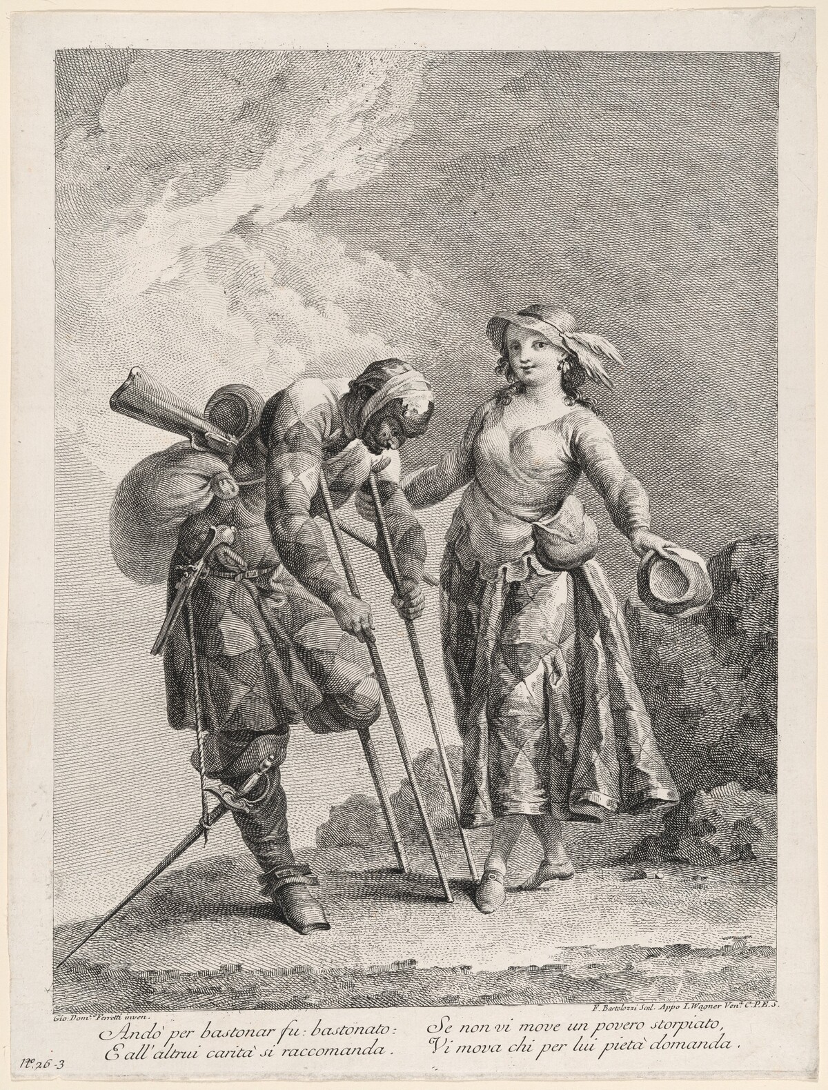Harlequin as Crippled Soldier by Francesco Bartolozzi, after Giovanni Domenico Ferretti