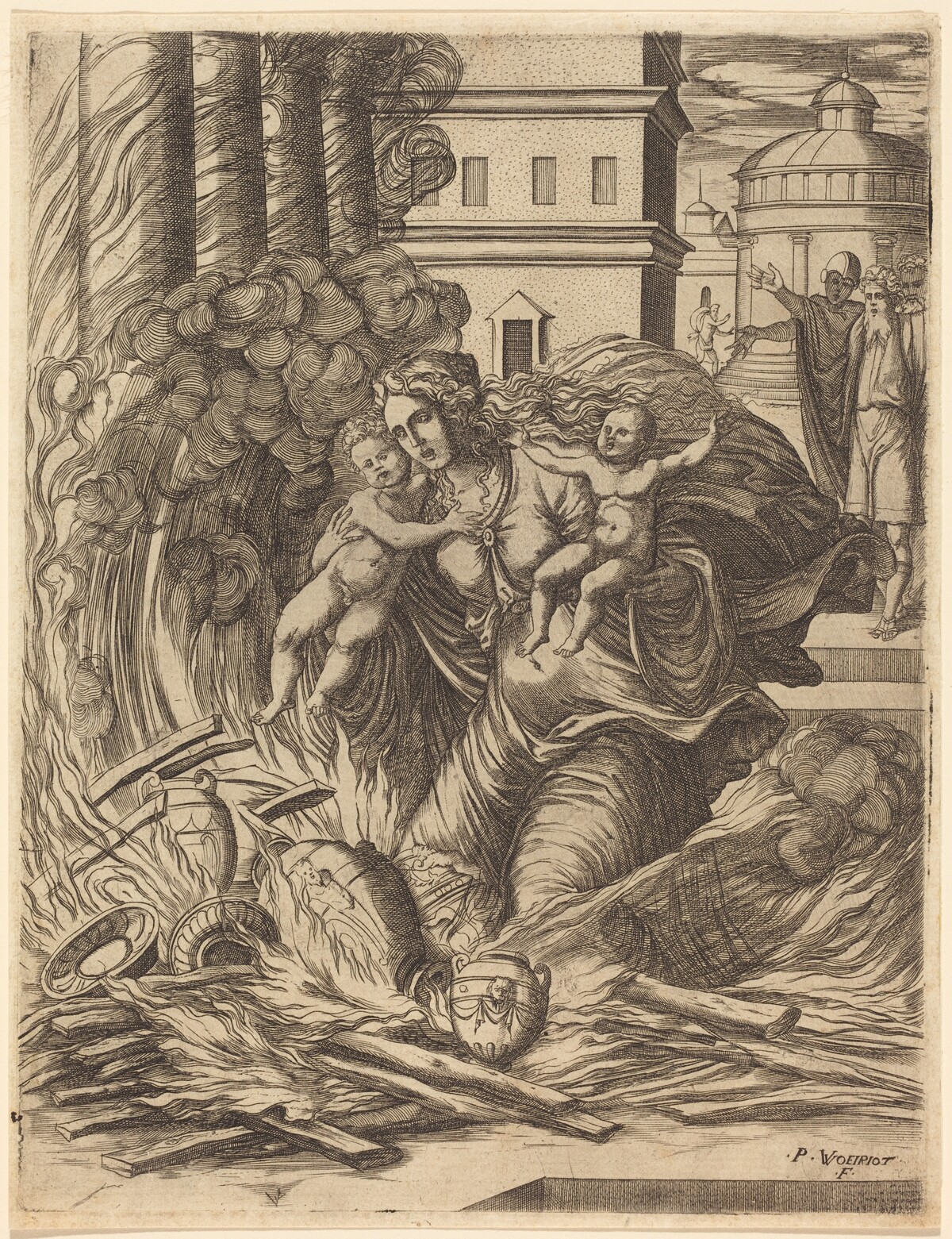 The Wife of Hasdrubal Throws Herself on the Fire by Pierre Woeiriot