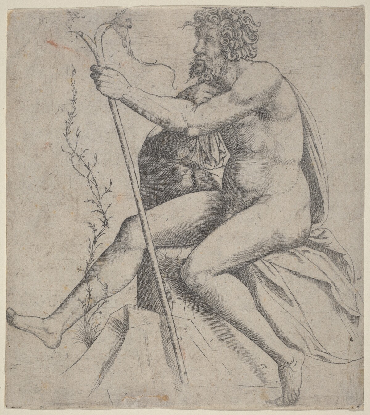 Man Seated Holding a Forked Staff by Giovanni Antonio da Brescia