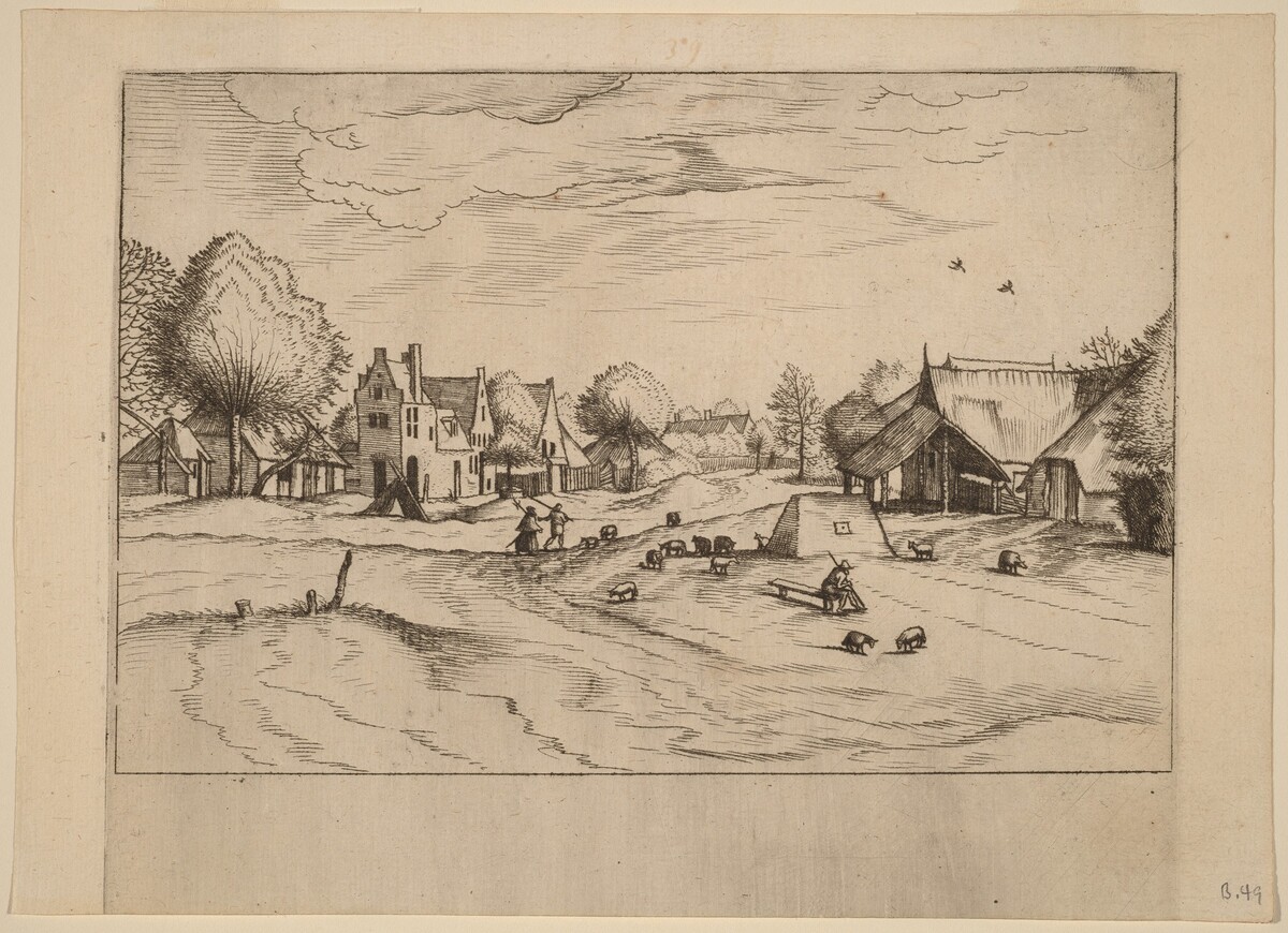 Country Village with Sheep and Sitting Shepherd by Johannes van Doetechum, the Elder and Lucas van Doetechum after Master of the Small Landscapes