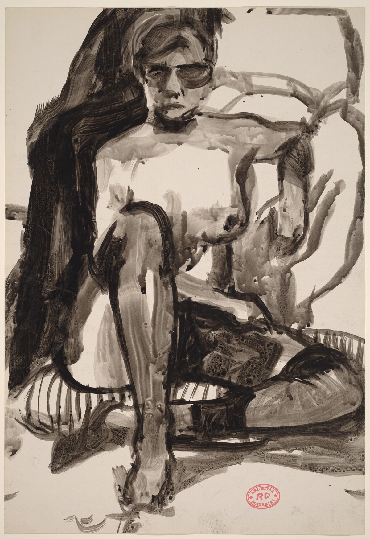 Untitled [female nude in stockings seated on a striped cushion] by Richard Diebenkorn