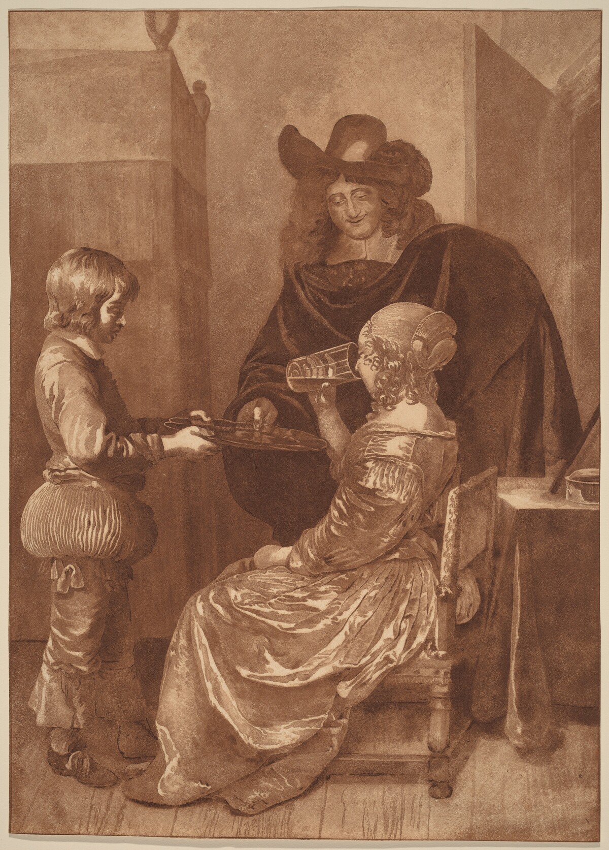 Cavalier and Lady with a Page by Cornelis Ploos van Amstel (editor) and Cornelis Brouwer (printmaker), after Gerard ter Borch the Younger