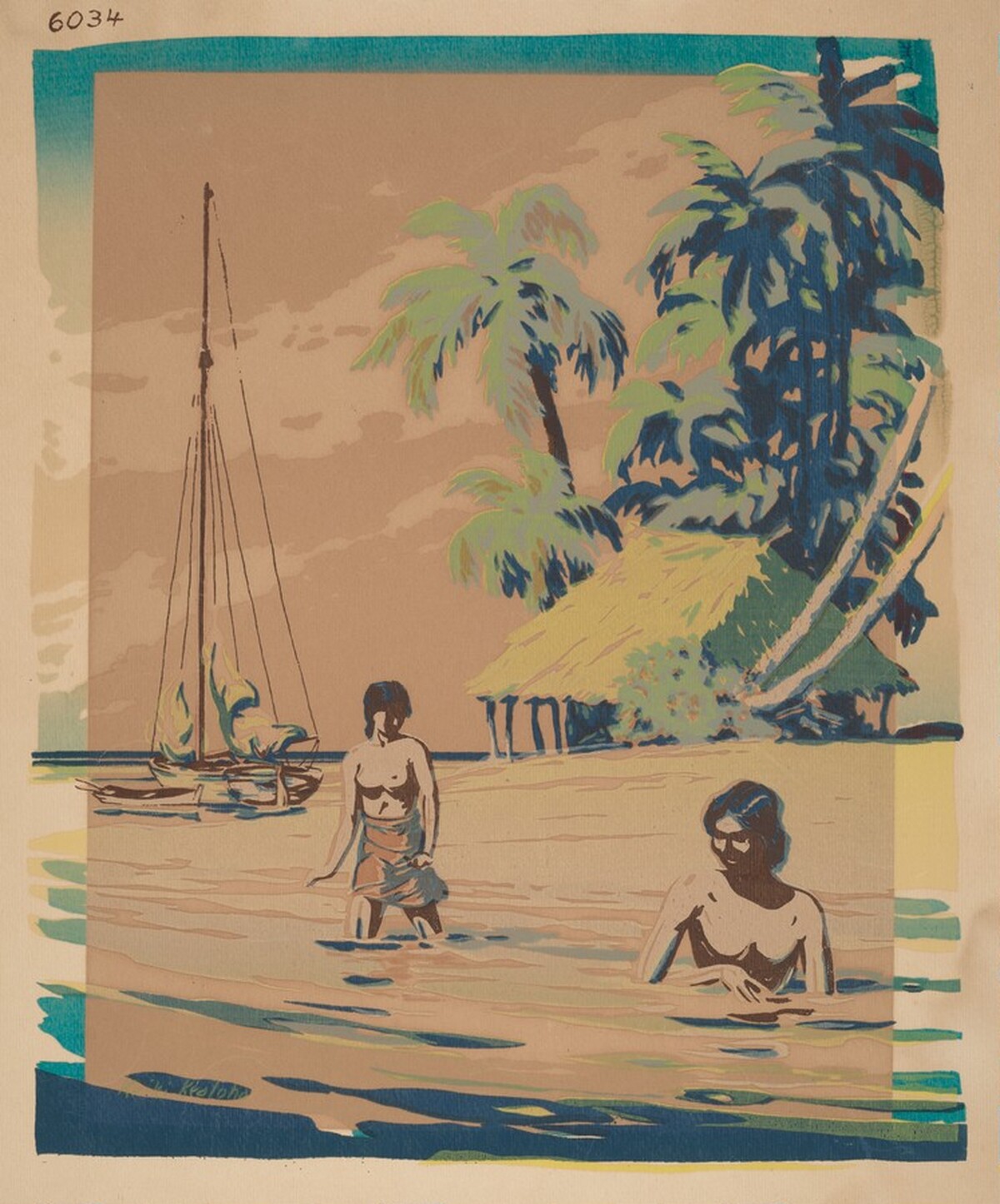Untitled (Two Half-Nude Polynesian Women at Seashore) by Keiki Kealoha