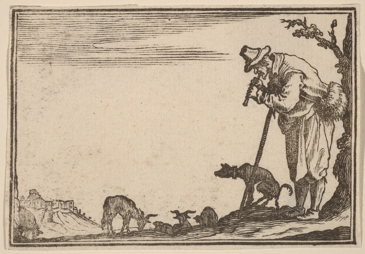 Shepherd Playing Flute by Edouard Eckman after Jacques Callot