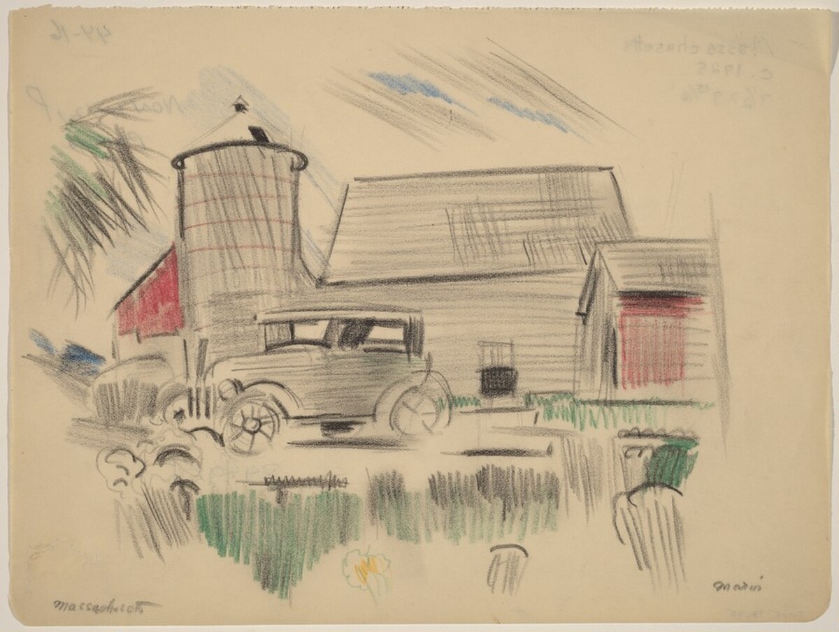 Massachusetts, Farm and Old Car with Horse by John Marin