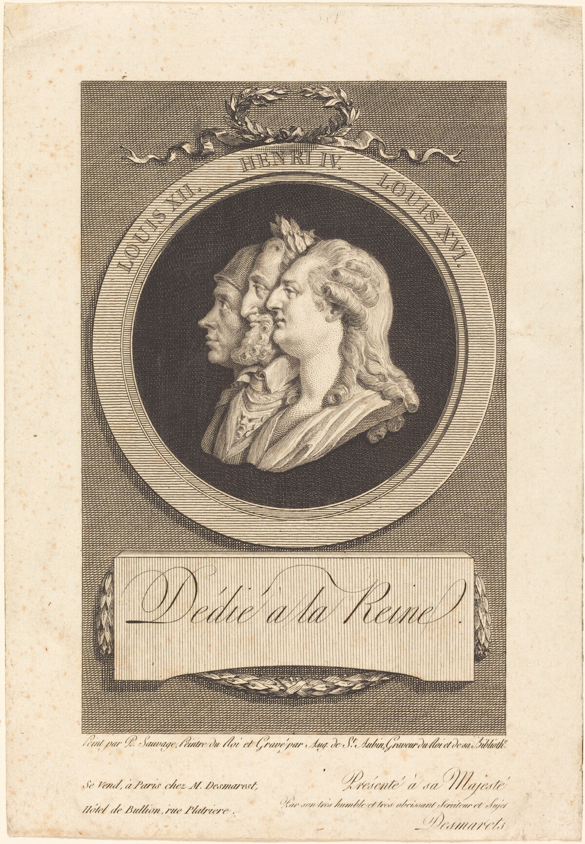 Louis XVI, Henri IV, and Louis XII by Augustin de Saint-Aubin after Piat Joseph Sauvage