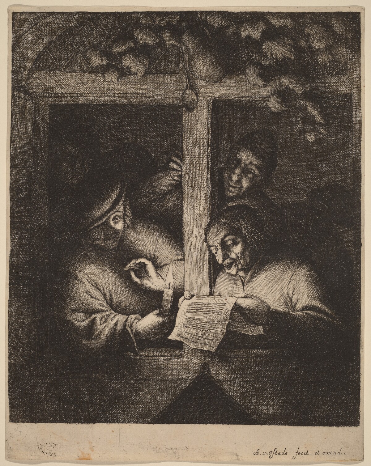 Four Men at a Window, One Reading from a Sheet by Candlelight by Adriaen van Ostade