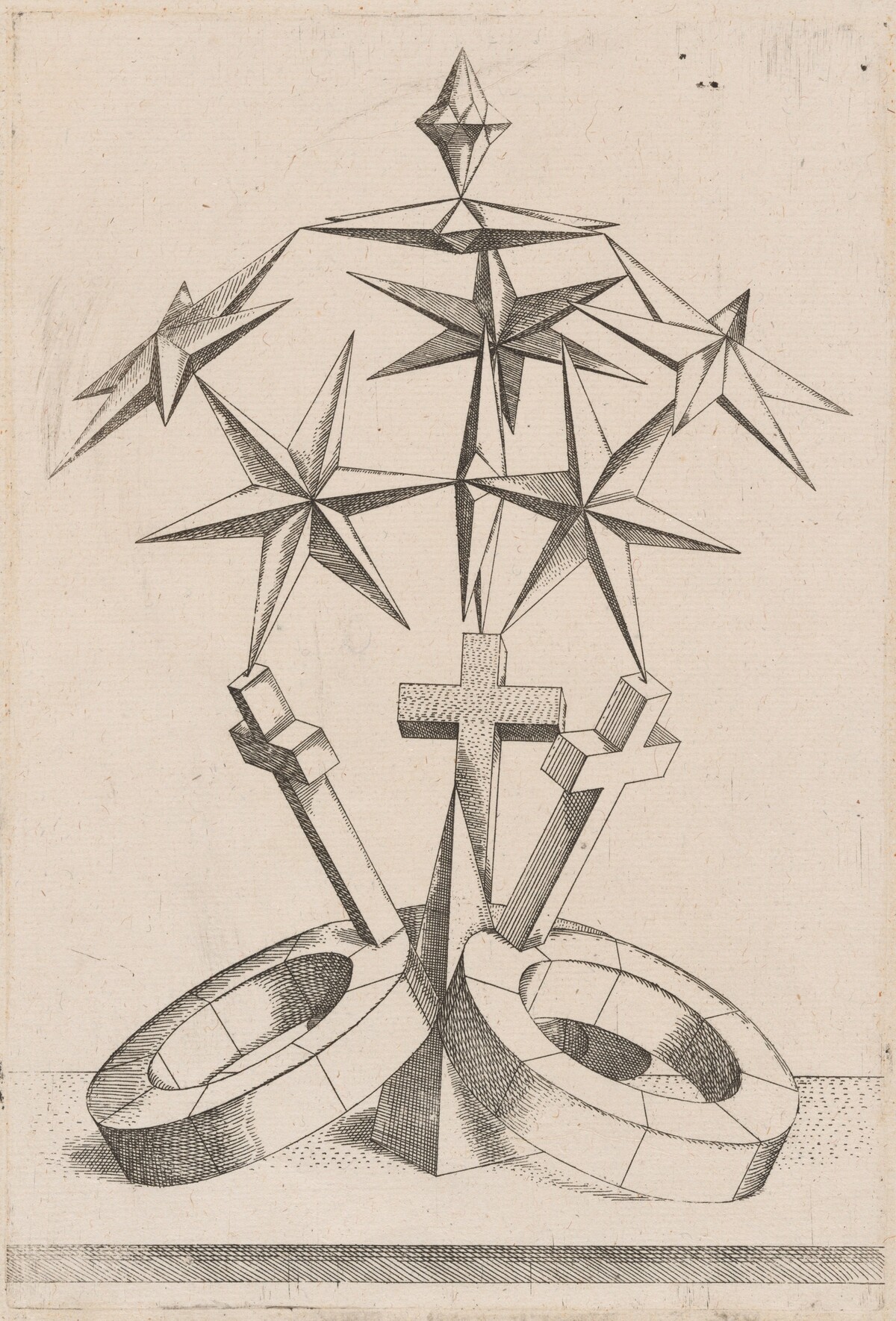 A Perspective of Seven Stars Balanced on Three Crosses by Mathis Zündt, after Hans Lencker