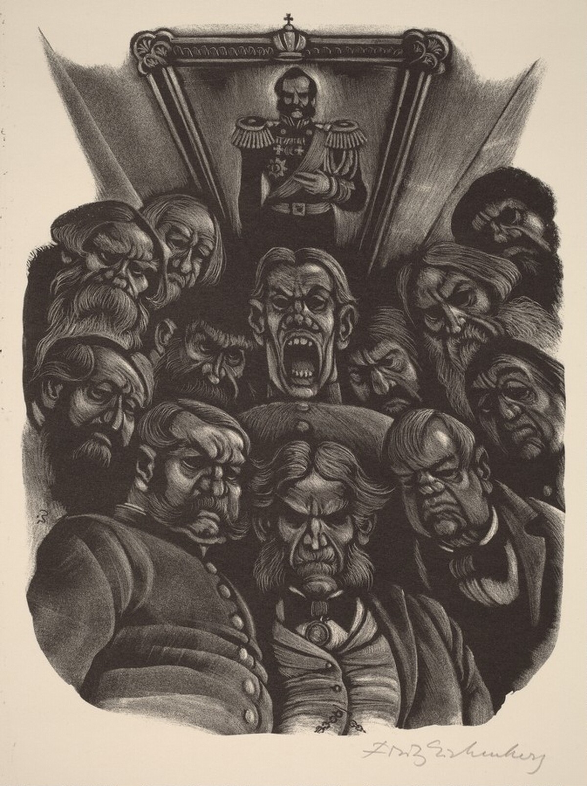 "Gentlemen of the Jury"  (Book XII: A Judicial Error, facing p.582) by Fritz Eichenberg
