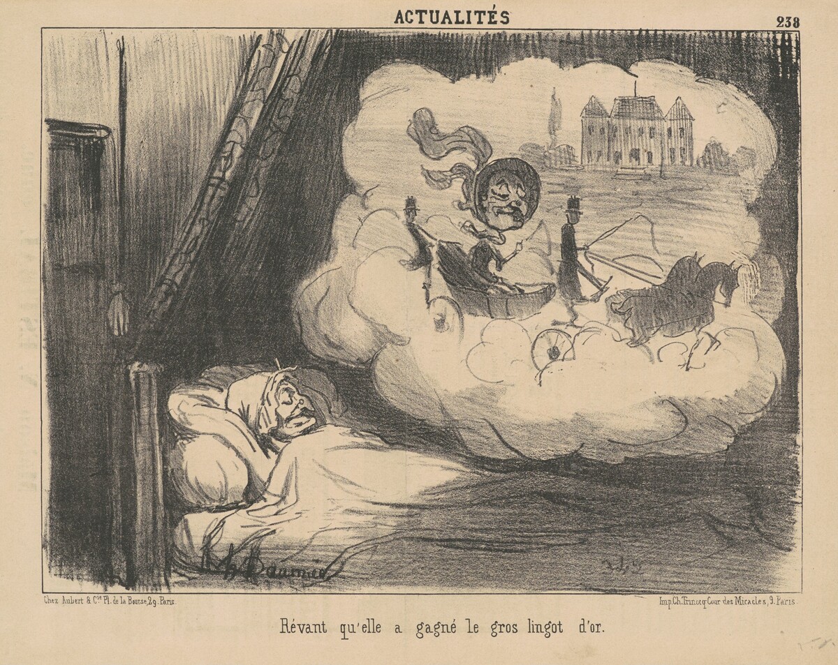 Rêvant qu'elle a gagné le gros lingot d'or. by Honoré Daumier