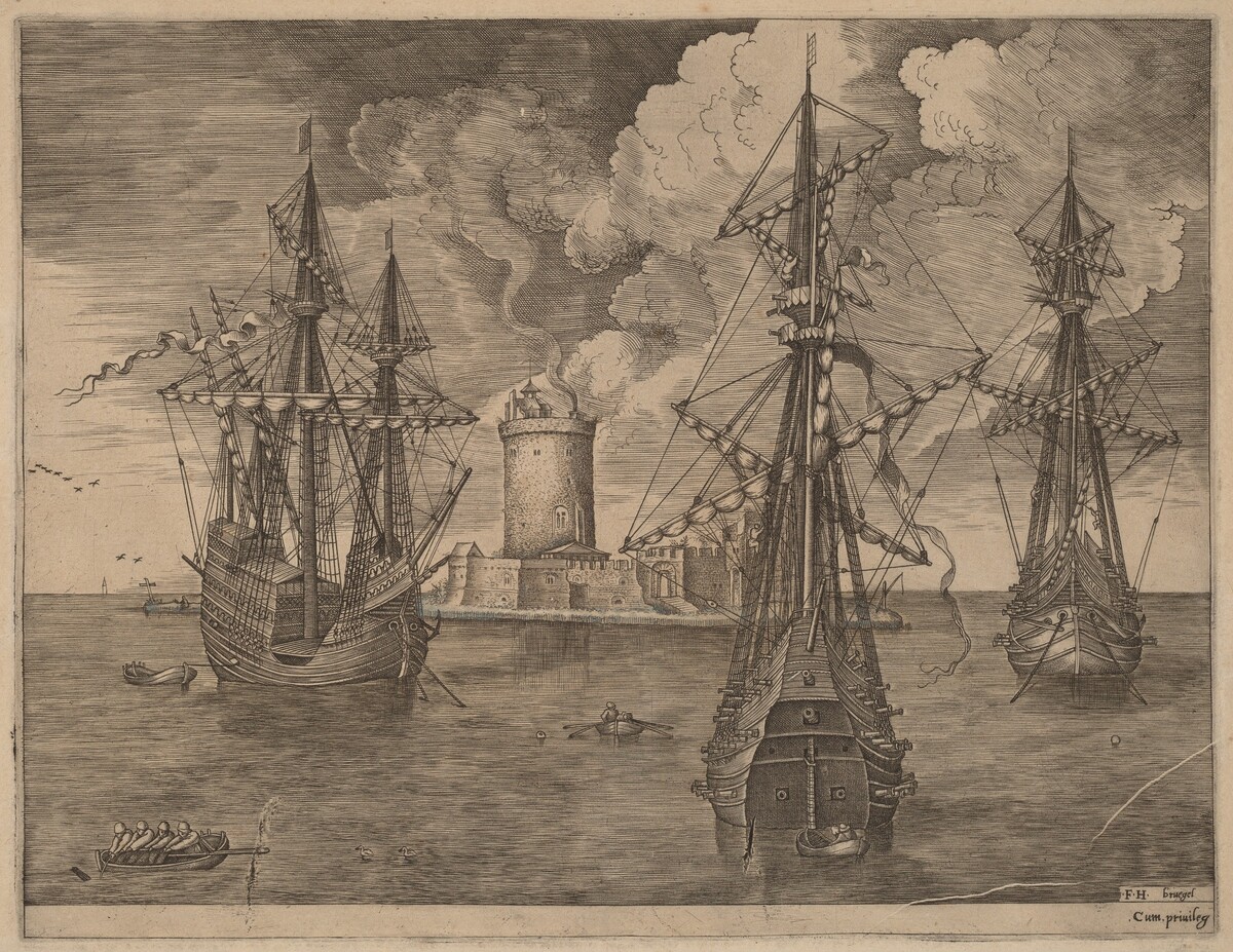 Four-Master (Left) and Two Three-Masters Ancored Near a Fortified Island with a Lighthouse by Frans Huys after Pieter Bruegel the Elder