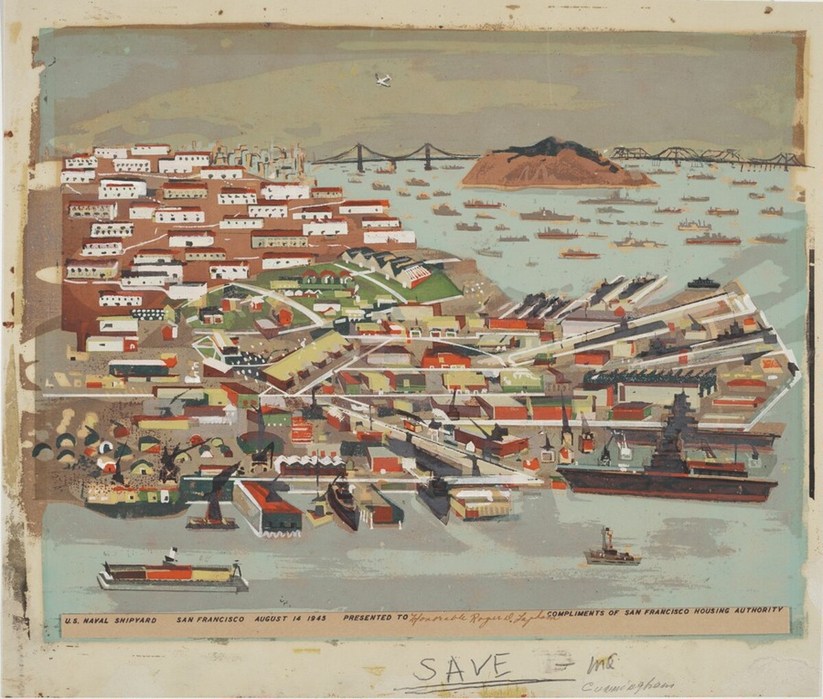U.S. Naval Shipyard San Francisco, V-J Day - August 14, 1945 by Marion Osborn Cunningham