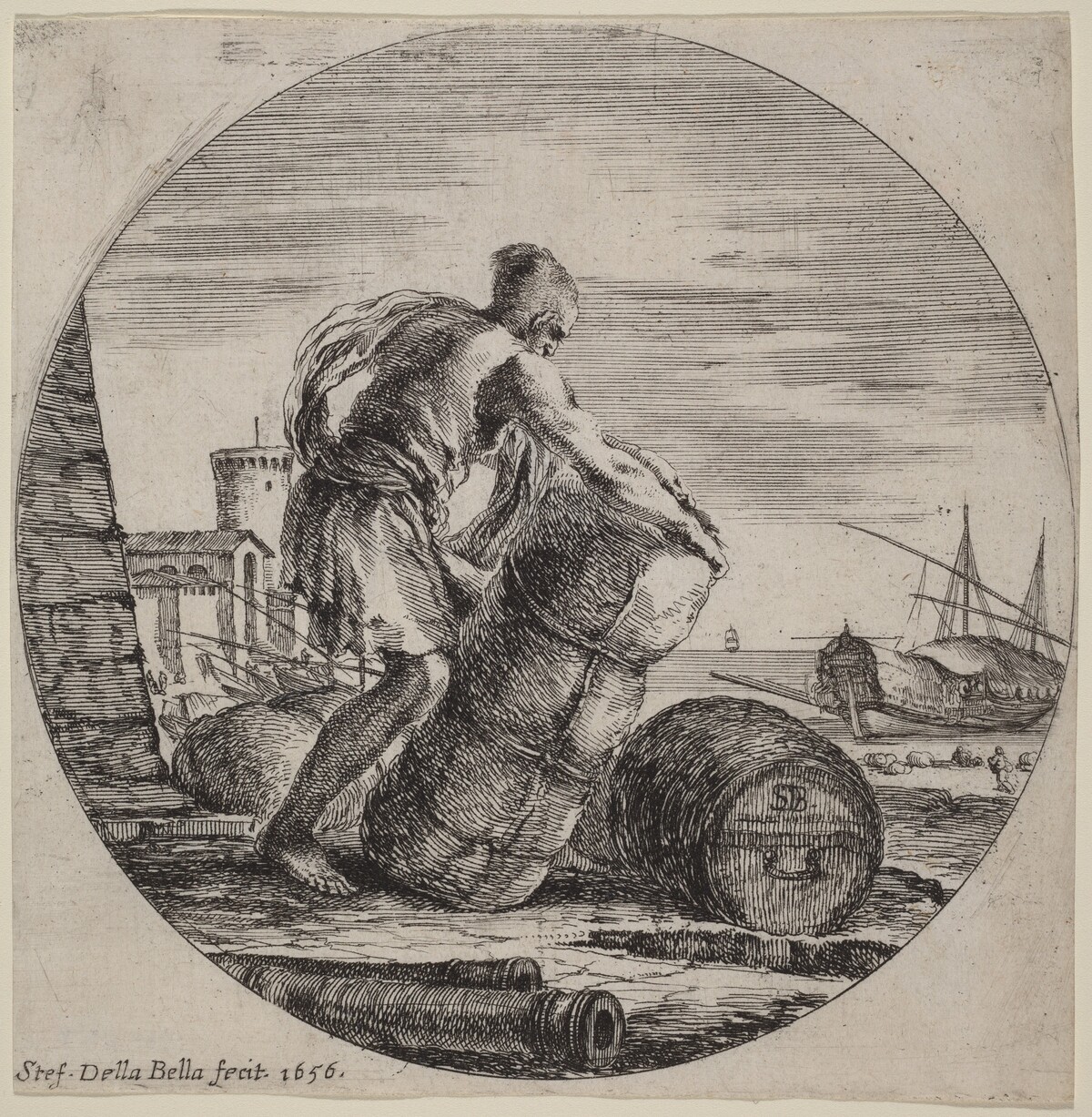 Galley Slave Hauling a Ship's Cargo by Stefano Della Bella