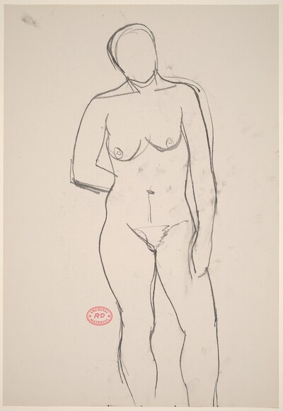 Untitled [front view of standing female nude with arm behind back]