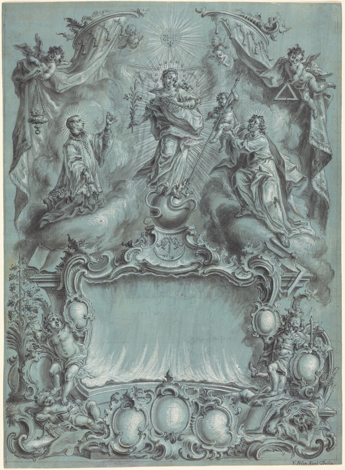 An Elaborate Rococo Setting with the Virgin and Child and Saints Defeating Evil, Heresy, and Profane Love by Vitus Felix Rigl