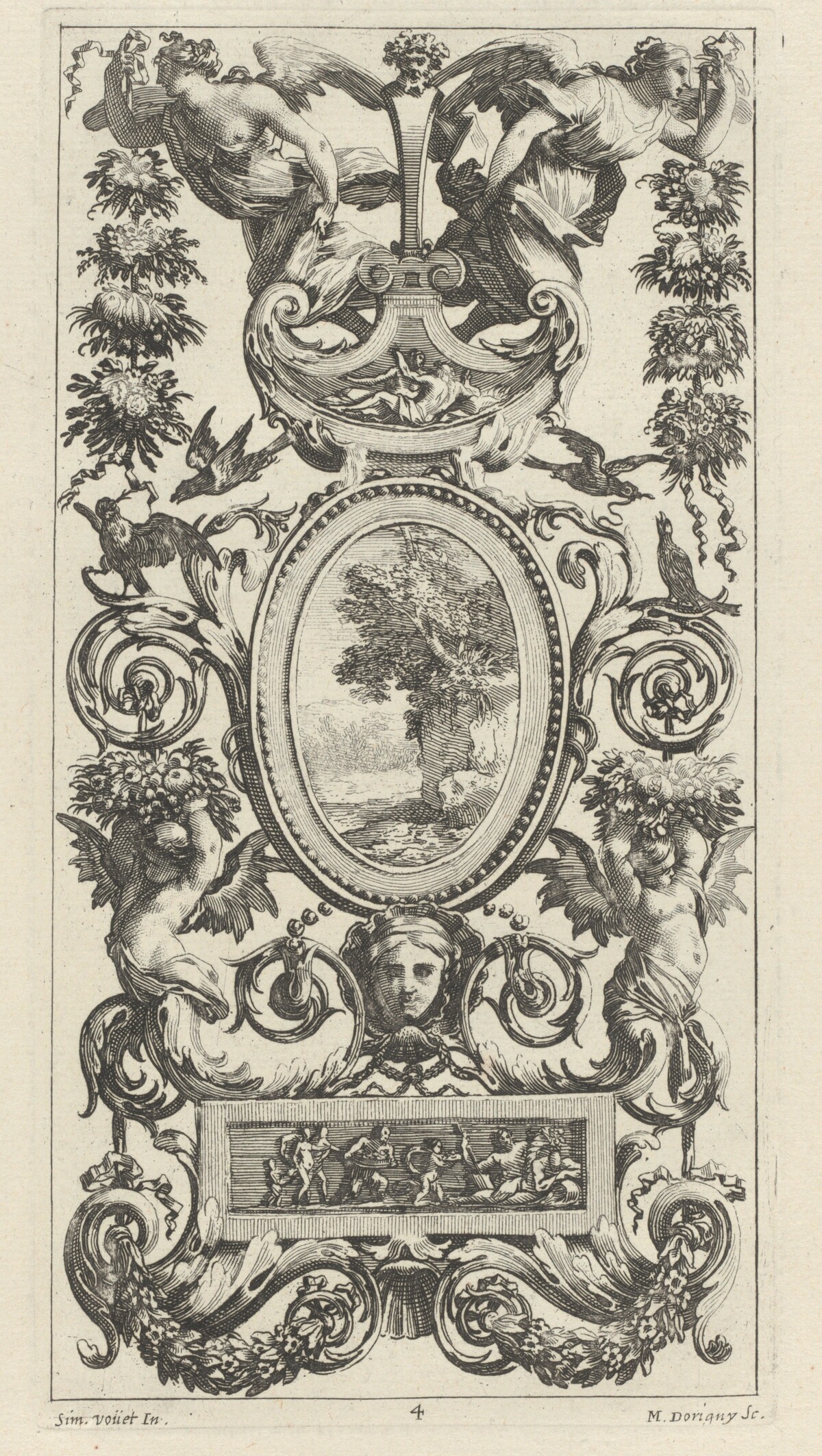 Ornamental Panel with Pan and Two Garland-Bearing Women by Michel Dorigny, after Simon Vouet