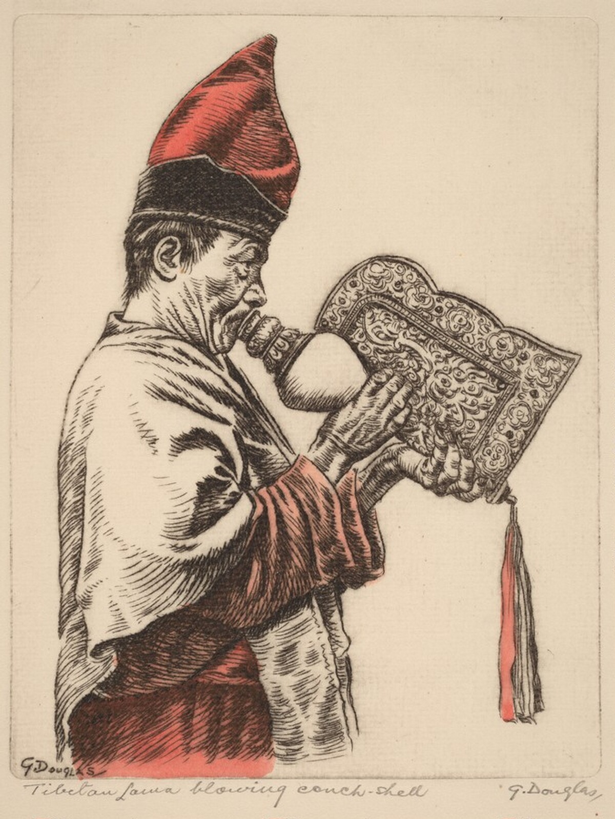Tibetan Lama Blowing a Conch Shell by G. Douglas