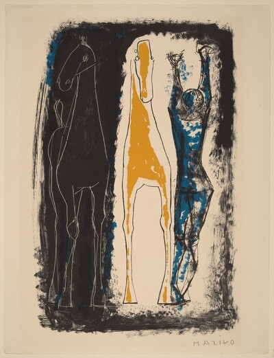 Juggler and Two Horses, Blue, Yellow, and Black