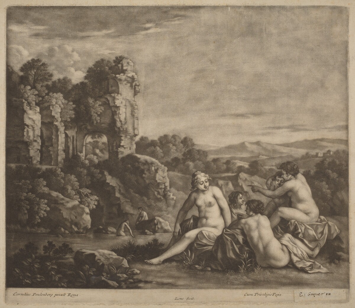 Bathers in a Landscape by Bernard Lens, after Cornelis van Poelenburch