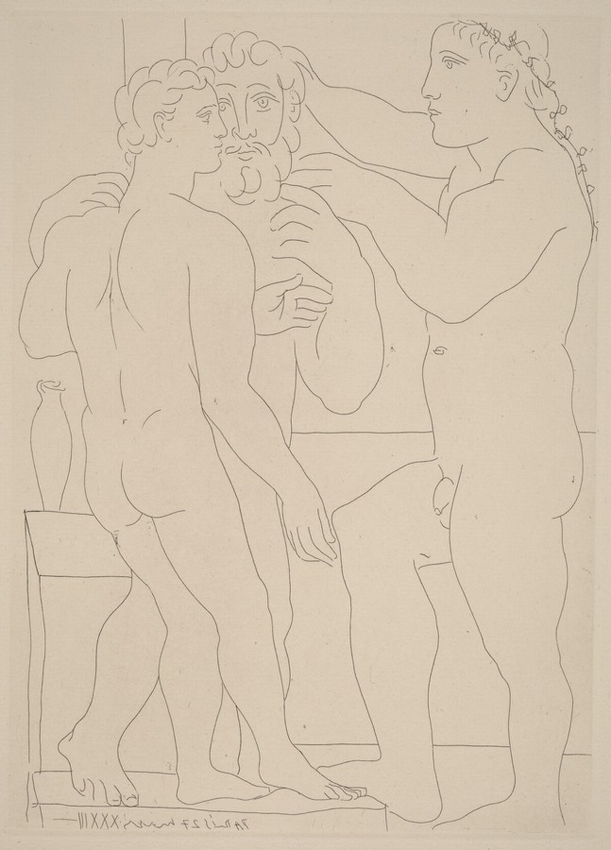 A Young Greek Sculptor with Sculptures of a Man and an Ephebe (Jeune sculpteur Grec avec sa sculpture: un homme et un éphèbe) by Pablo Picasso