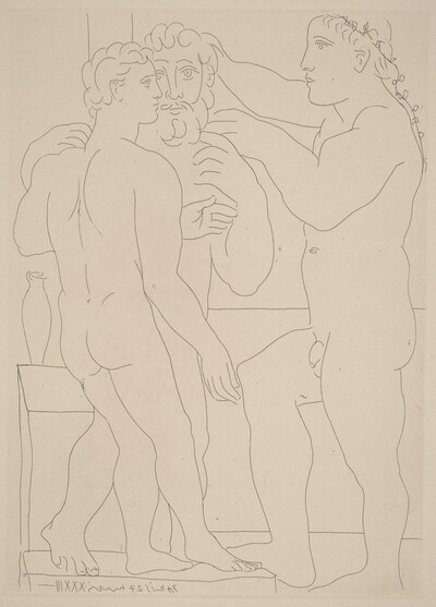 A Young Greek Sculptor with Sculptures of a Man and an Ephebe (Jeune sculpteur Grec avec sa sculpture: un homme et un éphèbe)