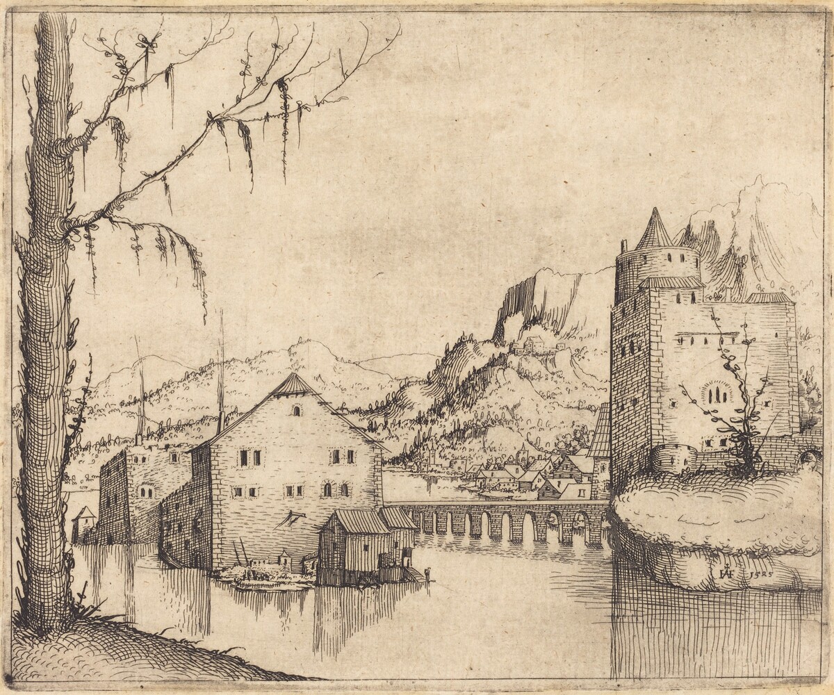 River Landscape with Two Buildings by Augustin Hirschvogel