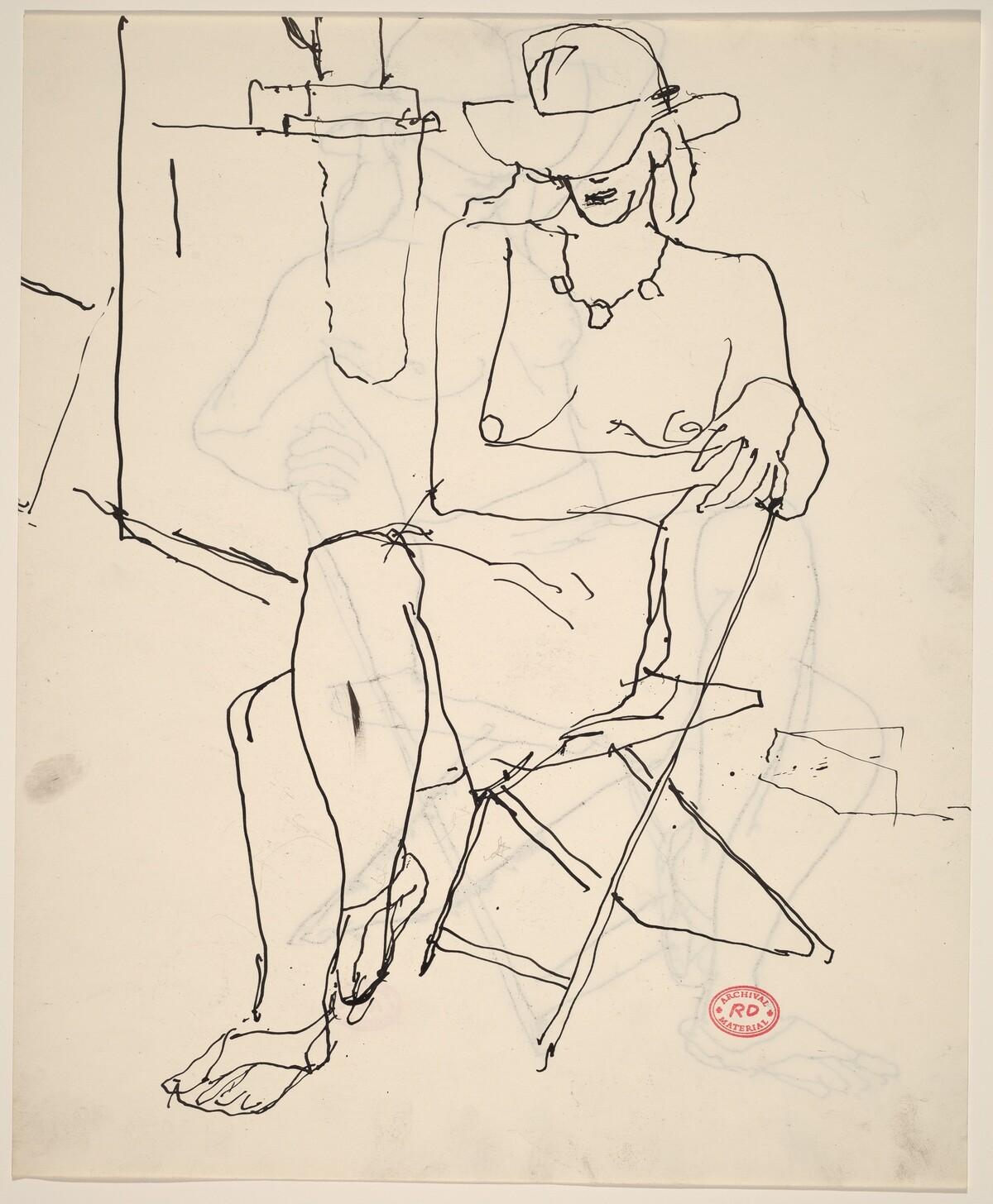 Untitled [partially nude woman seated wearing a hat and necklace] [recto] by Richard Diebenkorn