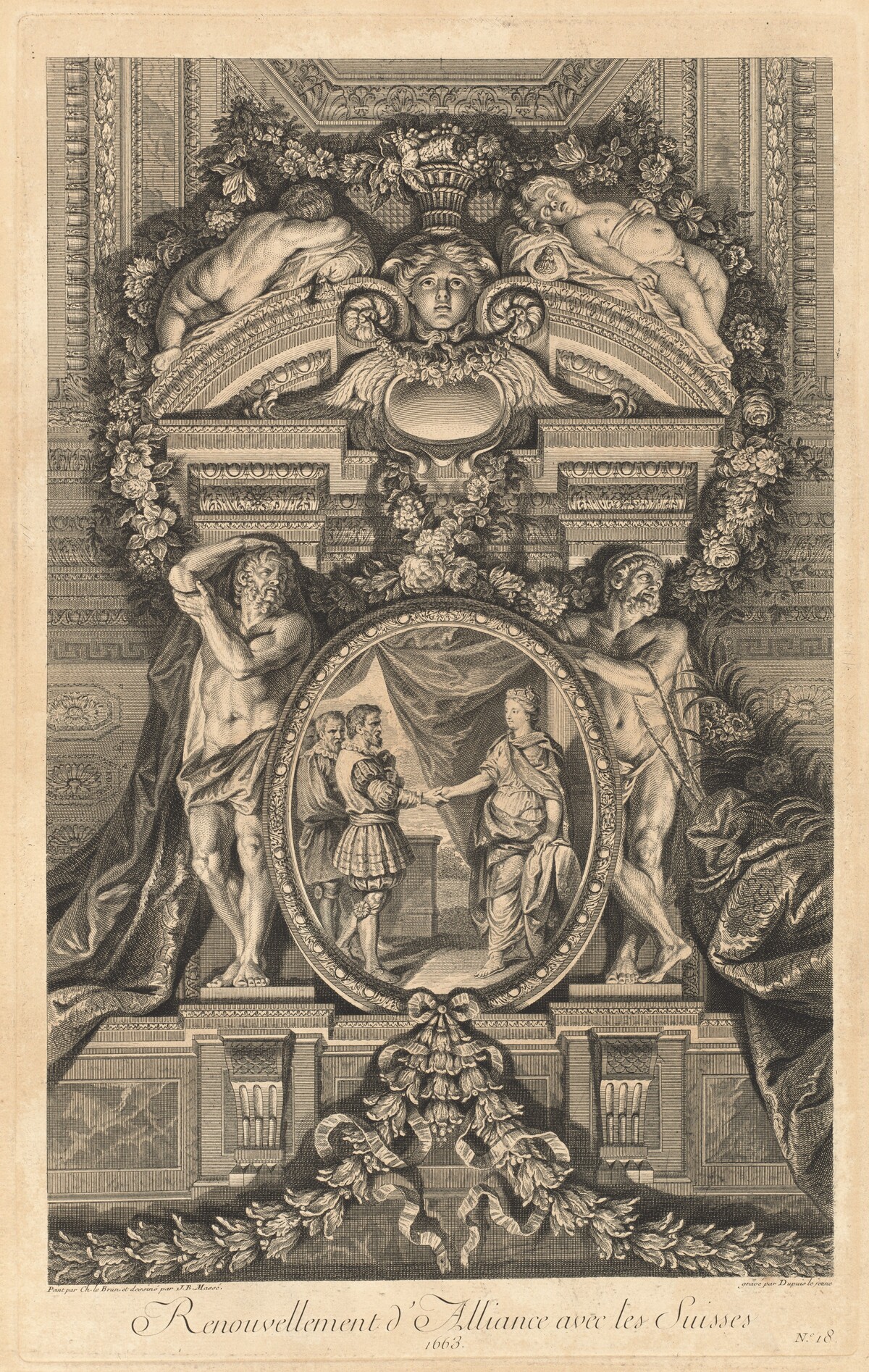 Renouvellement d'Alliance avec les Suisses 1663 (Renewal of Alliance with the Swiss 1663) [pl. 18] by Jean-Baptiste Massé (designer) and Nicolas-Gabriel Dupuis (engraver) after Charles Le Brun