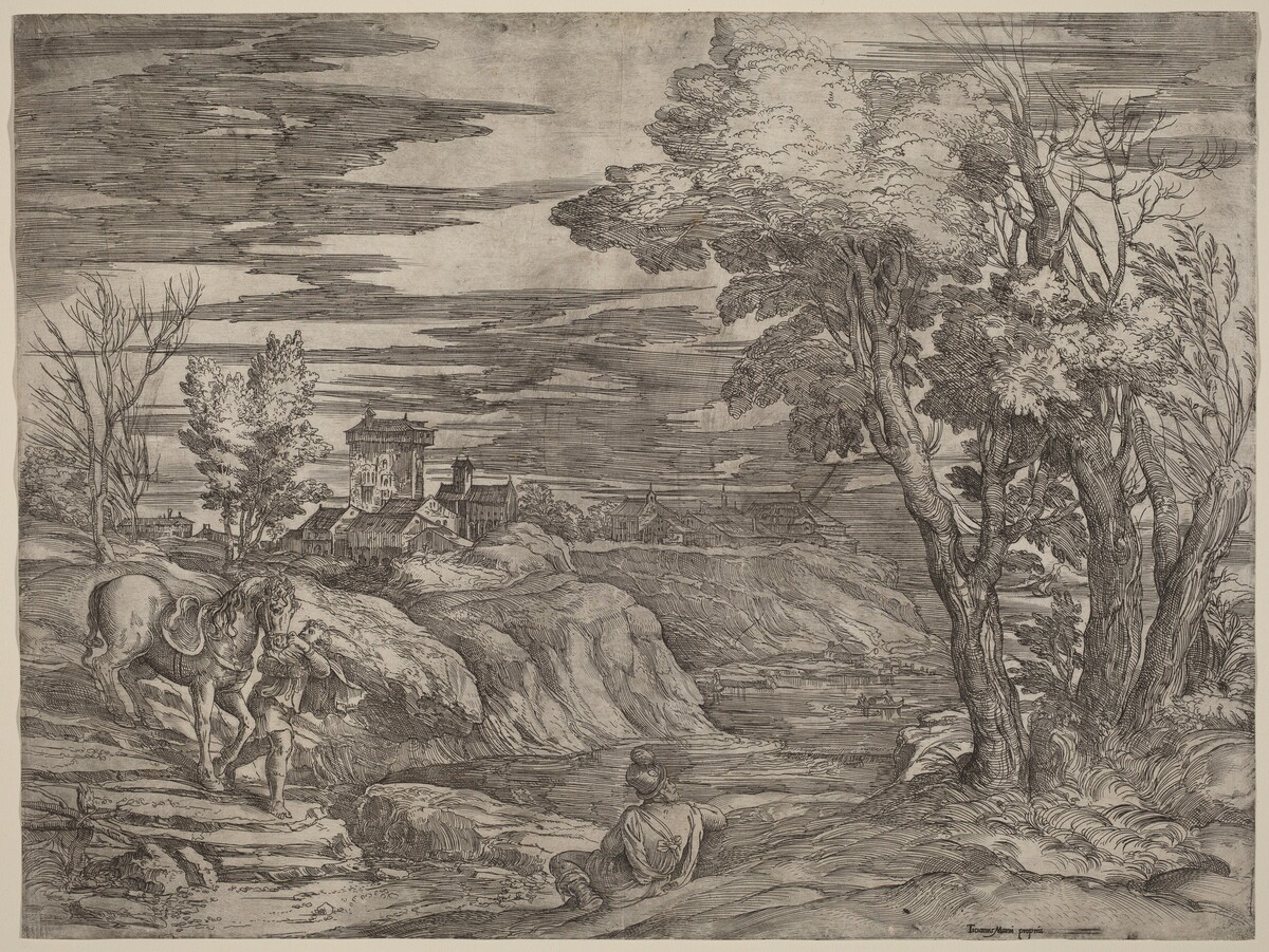 Landscape with a Man Leading a Horse by Battista Franco after Titian