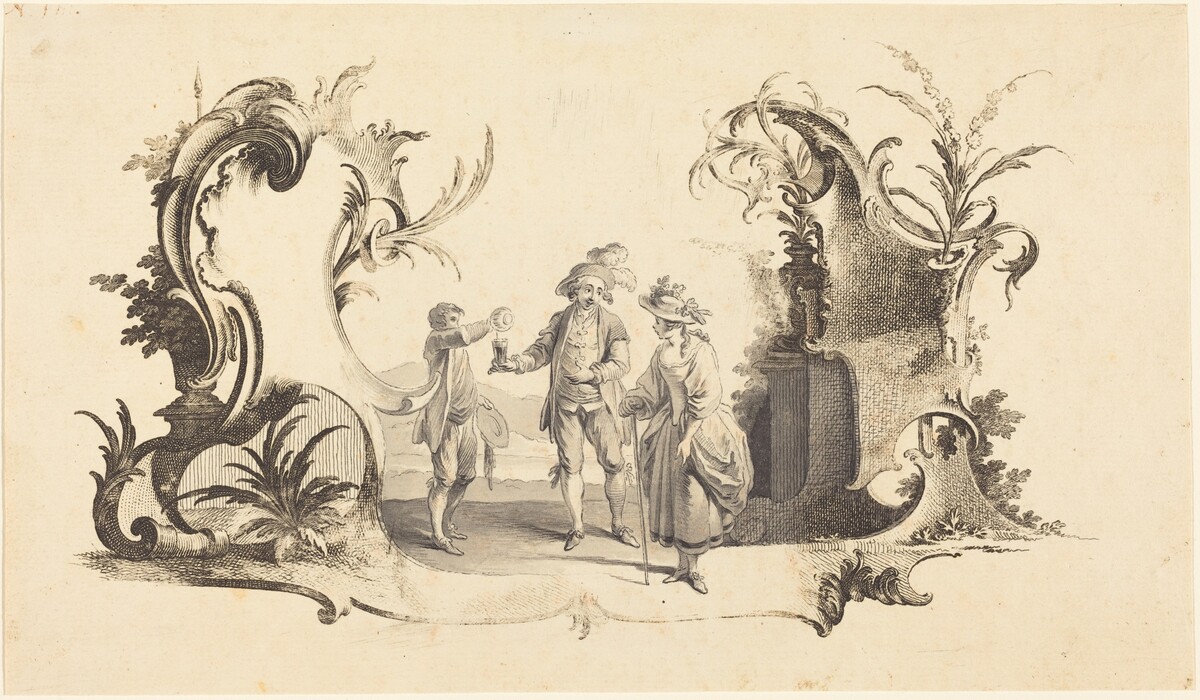Cartouche Moderne with a Young Couple Being Served Wine by Johann Esaias Nilson