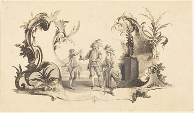 Cartouche Moderne with a Young Couple Being Served Wine