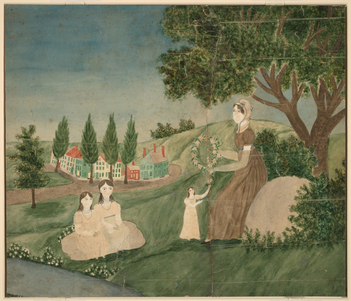 Mother and Three Children Making a Floral Wreath by American 19th Century